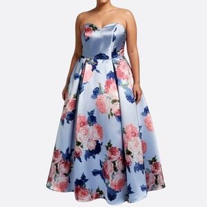 Speechless Seraphic Blue Floral Satin Strapless Prom Gown Formal Dress Size 0X